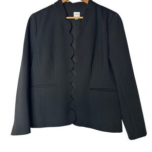 J Crew Blazer Sz 14 Ponte Knit‎ Black Scalloped Trim Open Front Career Office